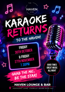 Karaoke at The Haven Lounge & Bar, Friday 30 October and Friday 27 November, from 7.30pm.