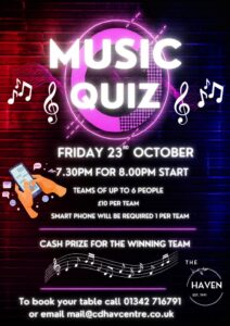 Music Quiz at The Haven, Friday 23 October 2026, 7.30pm for an 8pm start. £10 per team.